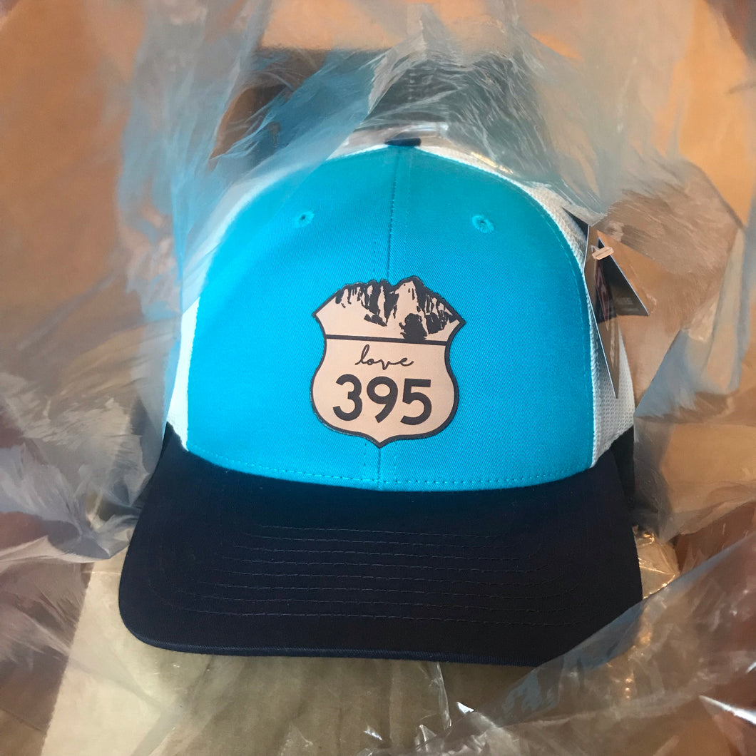 Trucker Hat - Blue Teal, Birch & Navy with leather patch