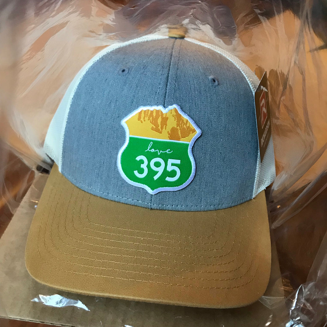 Trucker Hat - Heather Grey, Birch & Amber Gold with logo patch