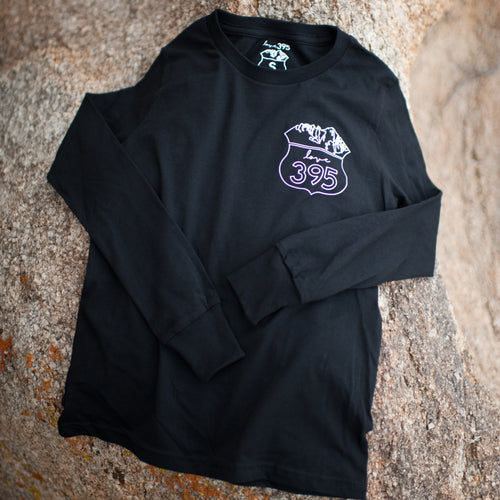 Youth long-sleeve tee, Black with white logos